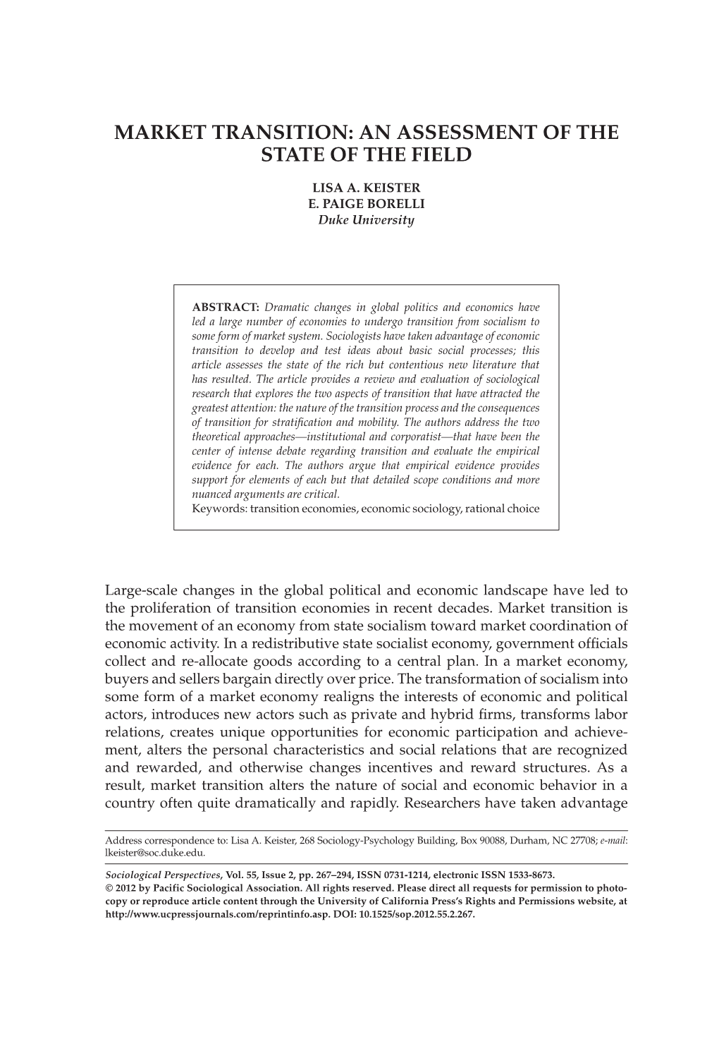 Market Transition: an Assessment of the State of the Field