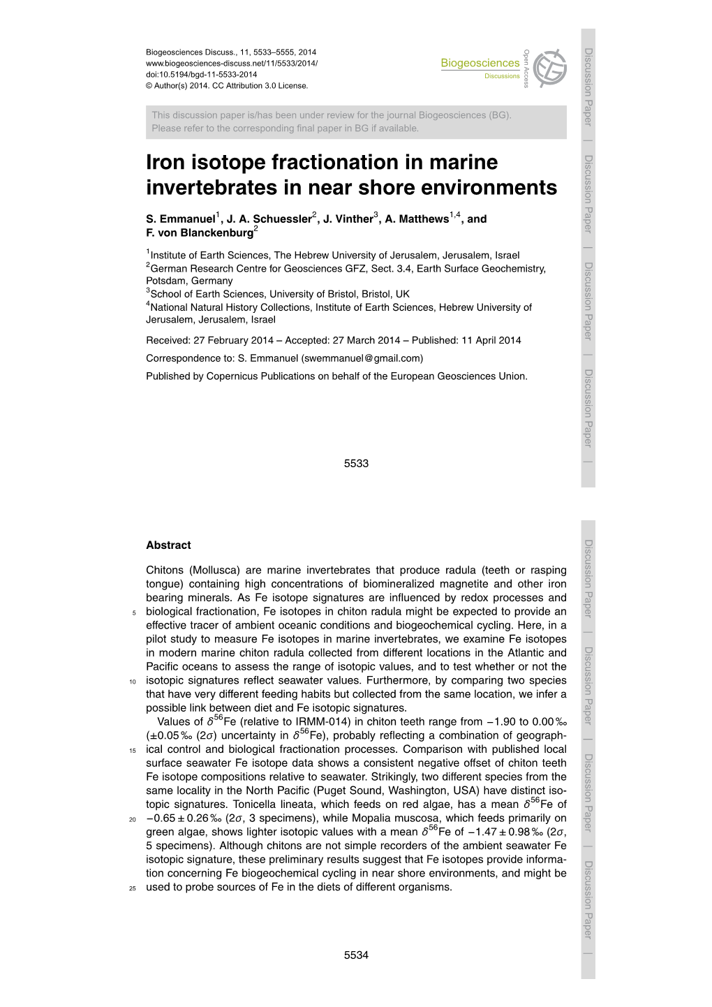 Iron Isotope Fractionation in Marine Invertebrates in Near Shore Environments S