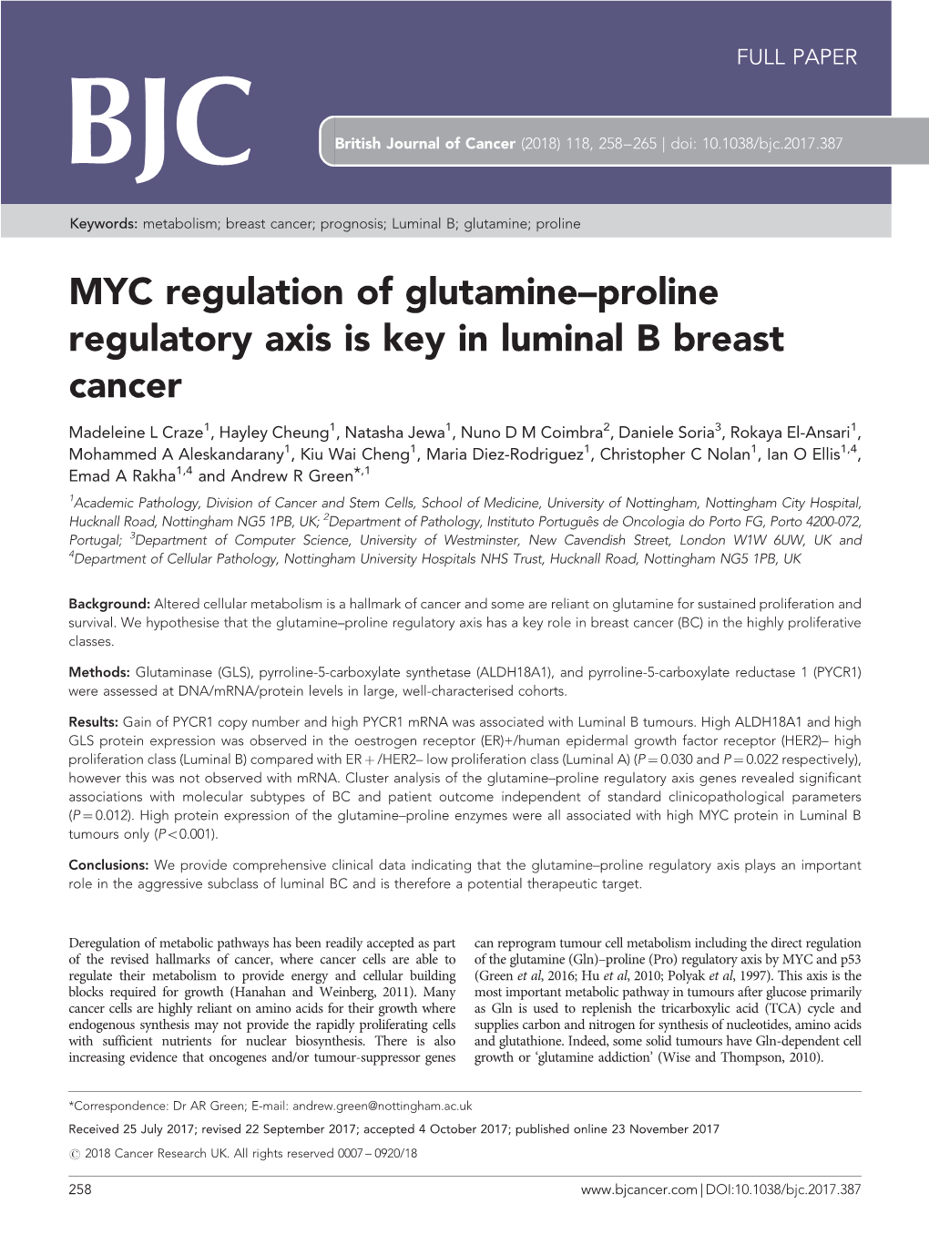 MYC Regulation of Glutamine–Proline Regulatory Axis Is Key in Luminal B Breast Cancer