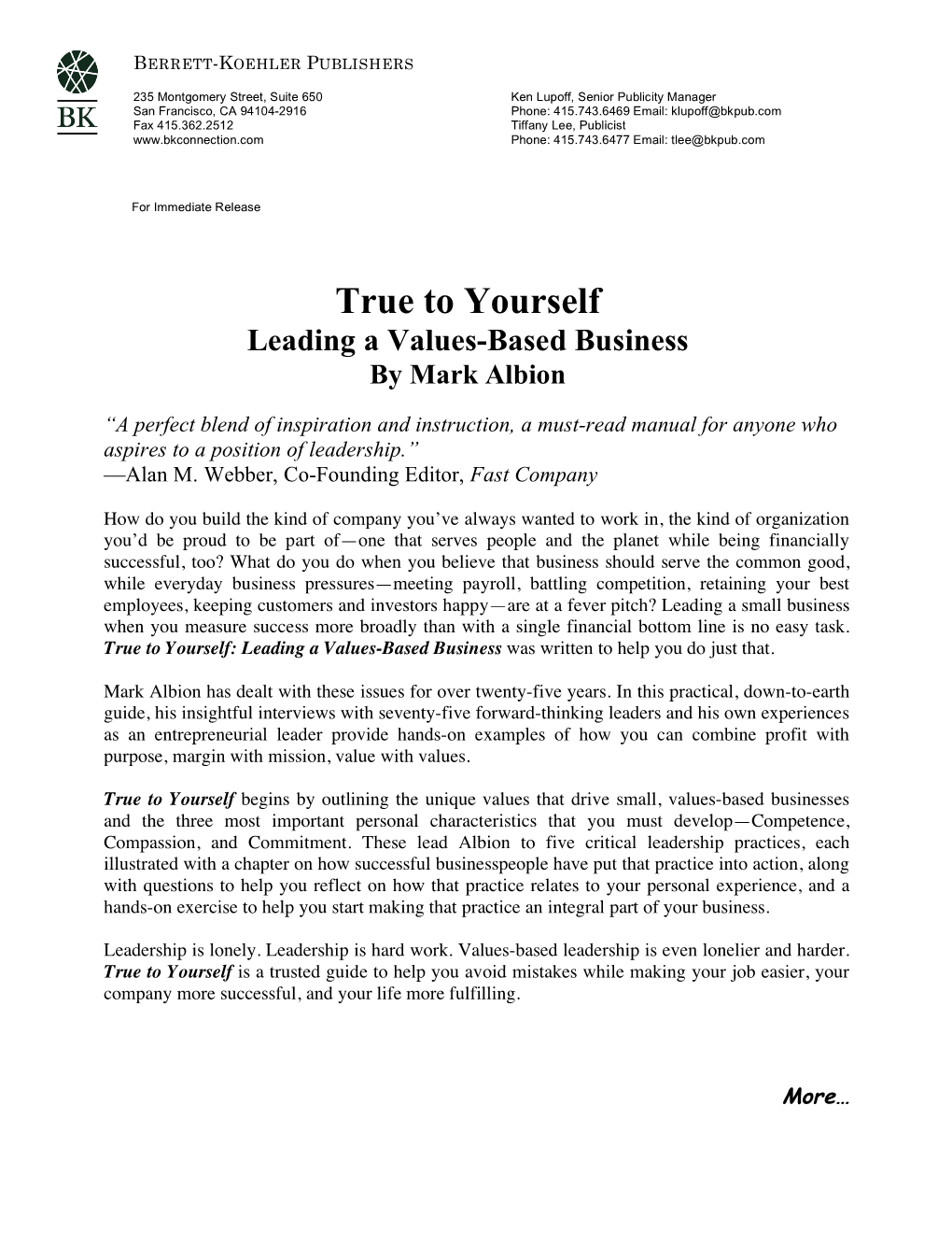 True to Yourself Leading a Values-Based Business by Mark Albion