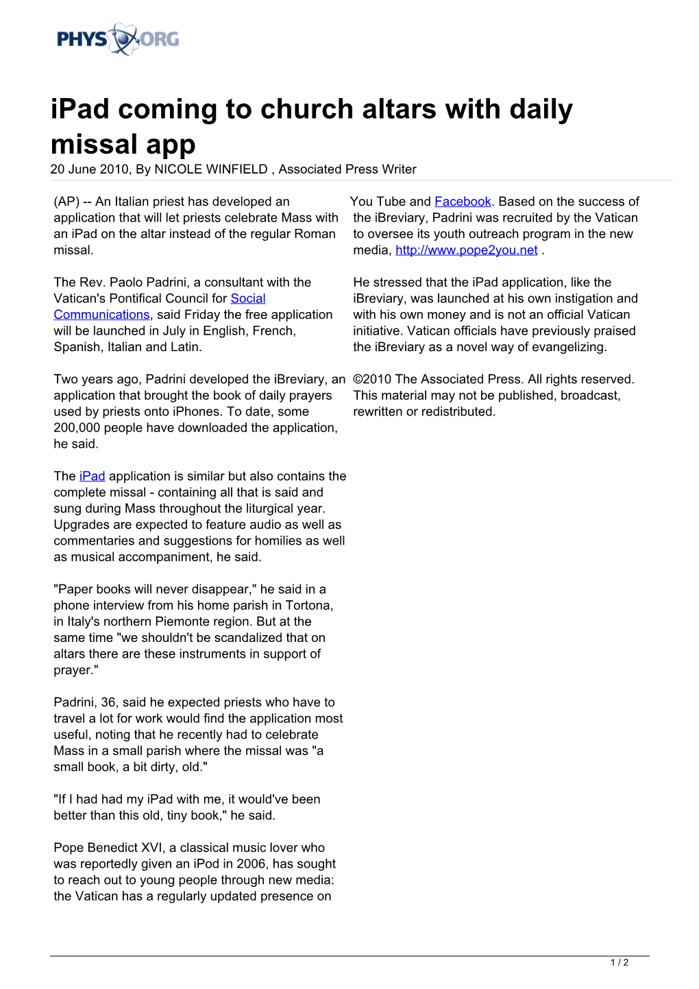 Ipad Coming to Church Altars with Daily Missal App 20 June 2010, by NICOLE WINFIELD , Associated Press Writer