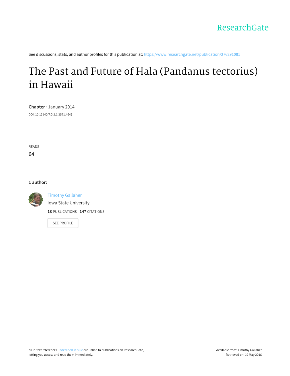 The Past and Future of Hala (Pandanus Tectorius) in Hawaii