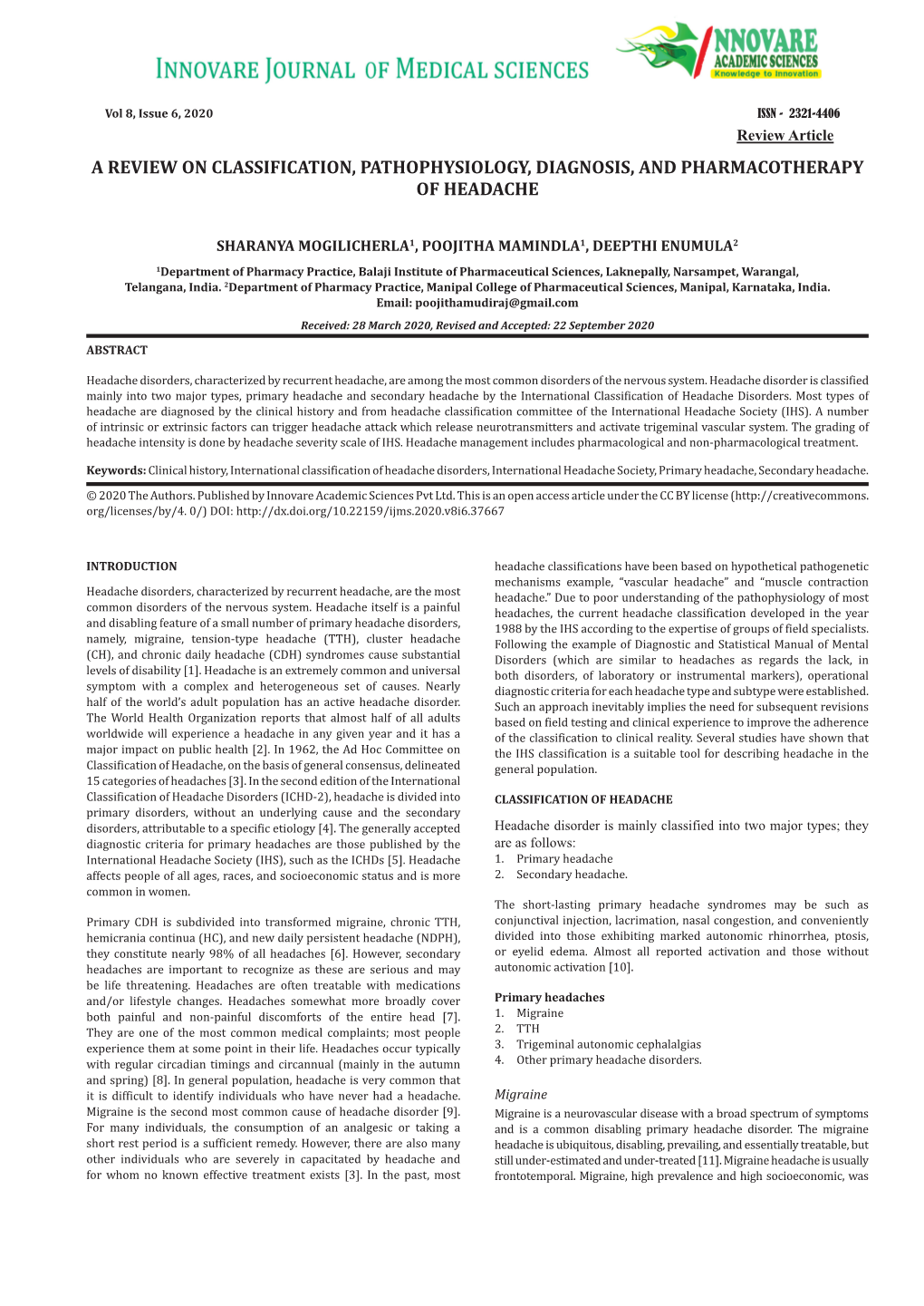 A Review on Classification, Pathophysiology, Diagnosis, and Pharmacotherapy of Headache