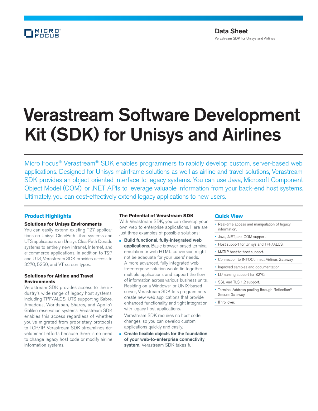 Verastream Software Development Kit (SDK) for Unisys and Airlines