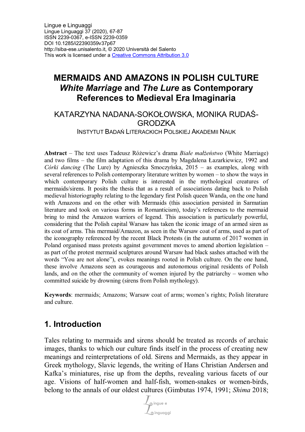 MERMAIDS and AMAZONS in POLISH CULTURE White Marriage and the Lure As Contemporary References to Medieval Era Imaginaria