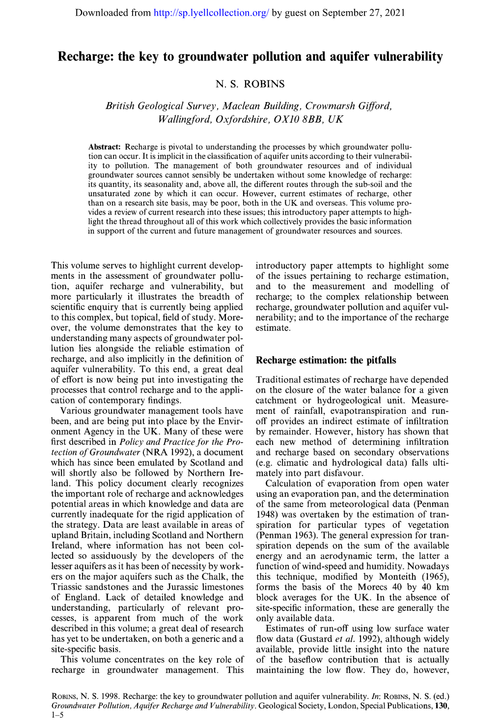 Recharge: the Key to Groundwater Pollution and Aquifer Vulnerability