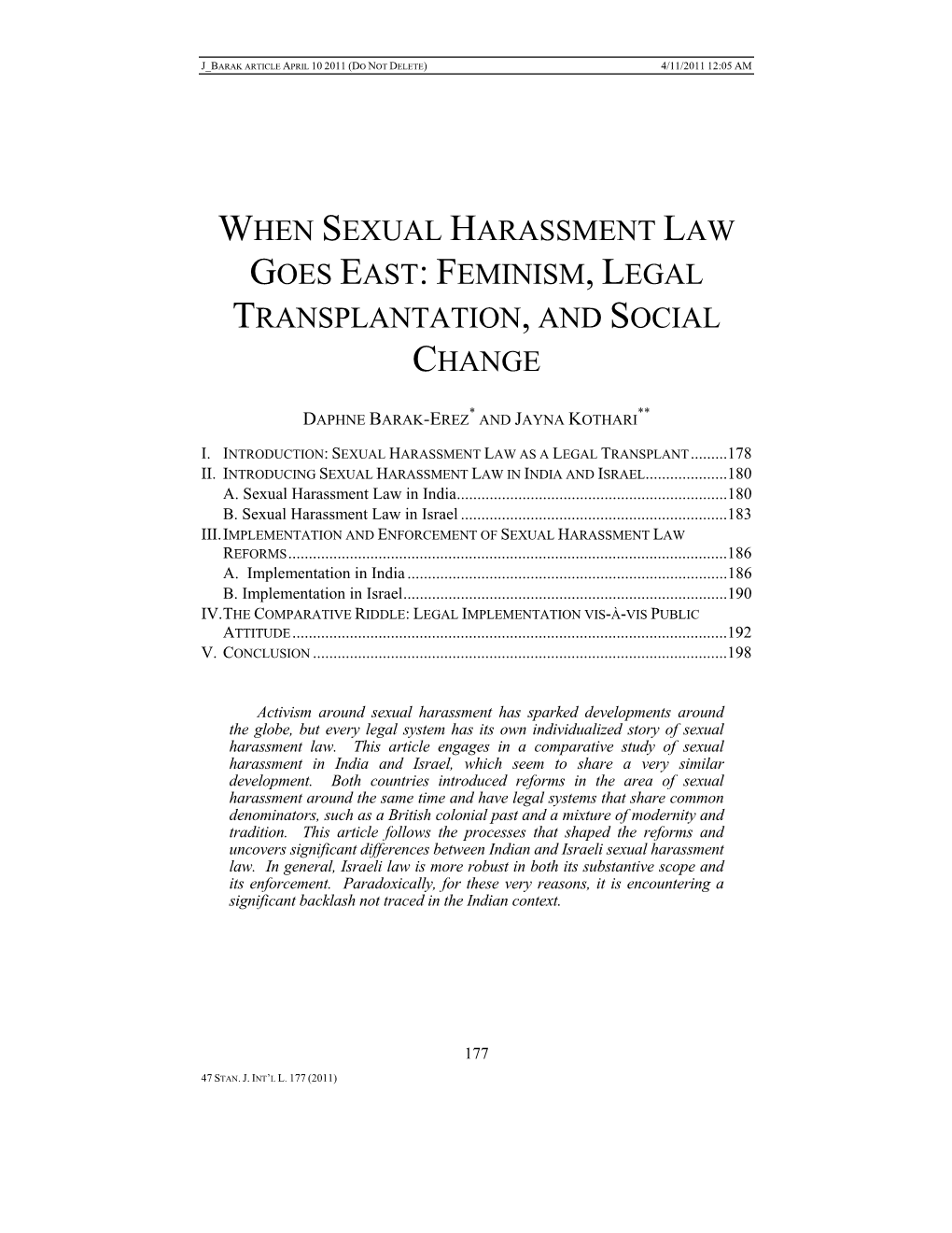 When Sexual Harassment Law Goes East: Feminism, Legal Transplantation, and Social