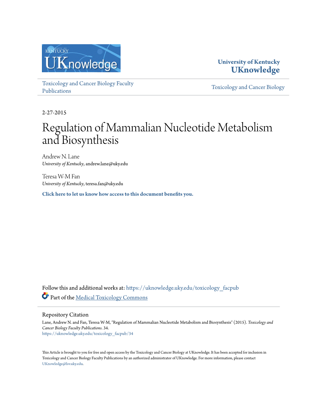 Regulation of Mammalian Nucleotide Metabolism and Biosynthesis Andrew N