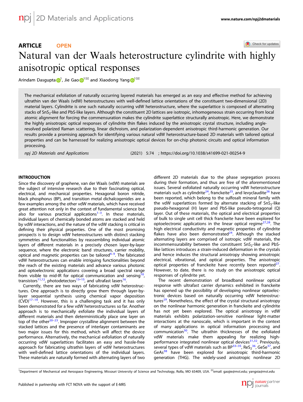 Natural Van Der Waals Heterostructure Cylindrite with Highly Anisotropic Optical Responses ✉ ✉ Arindam Dasgupta 1, Jie Gao 1 and Xiaodong Yang 1