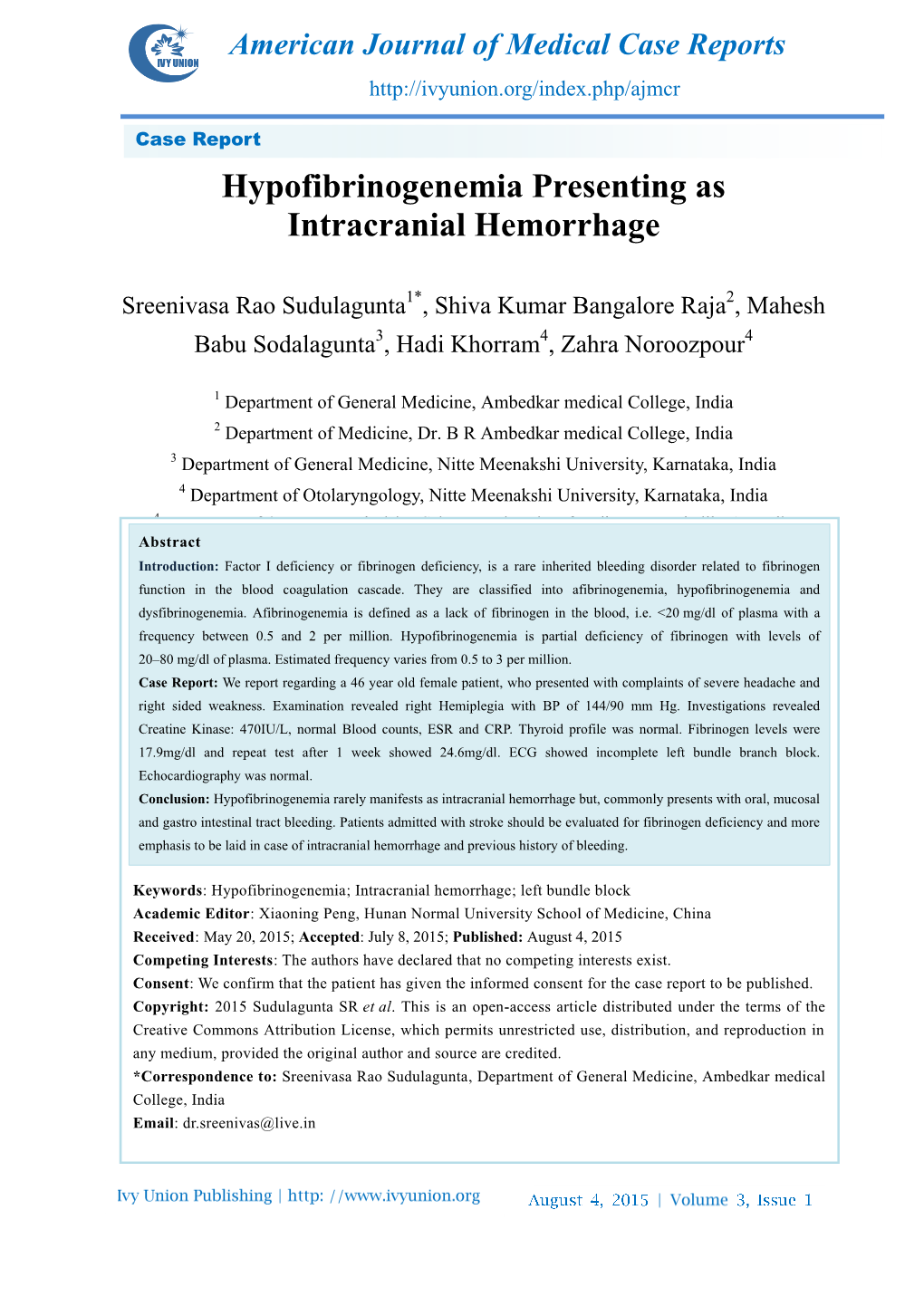 Hypofibrinogenemia Presenting As Intracranial Hemorrhage