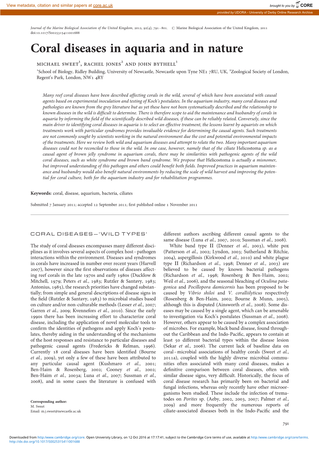 Coral Diseases in Aquaria and in Nature