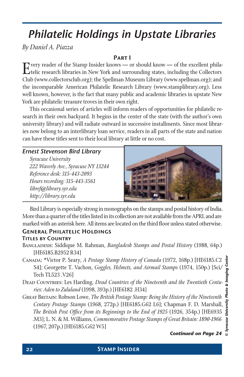 Philatelic Holdings in Upstate Libraries by Daniel A