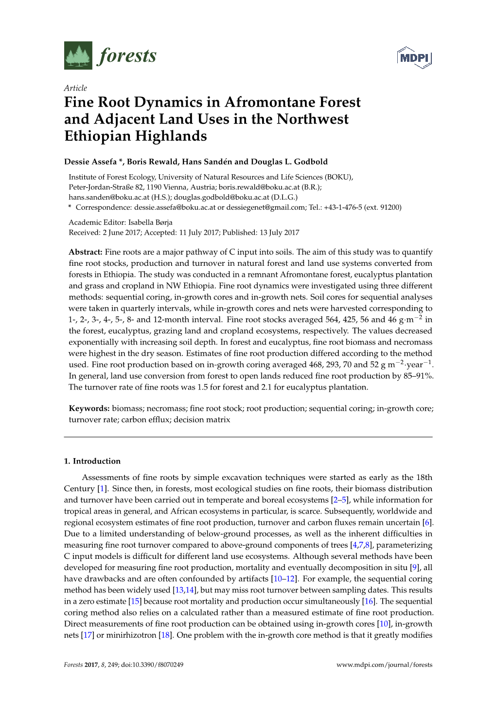 Fine Root Dynamics in Afromontane Forest and Adjacent Land Uses in the Northwest Ethiopian Highlands