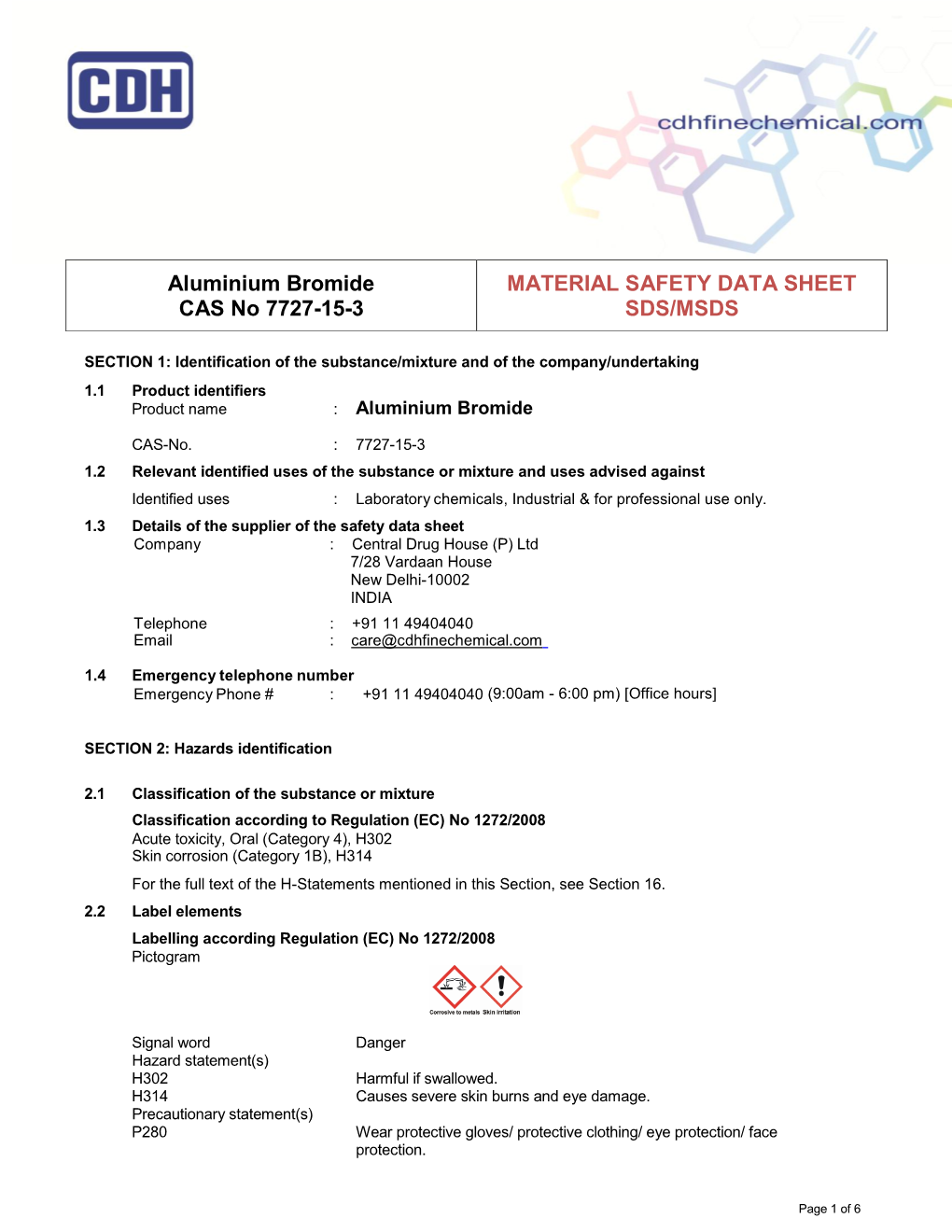 Aluminium Bromide CAS No 7727-15-3 MATERIAL SAFETY