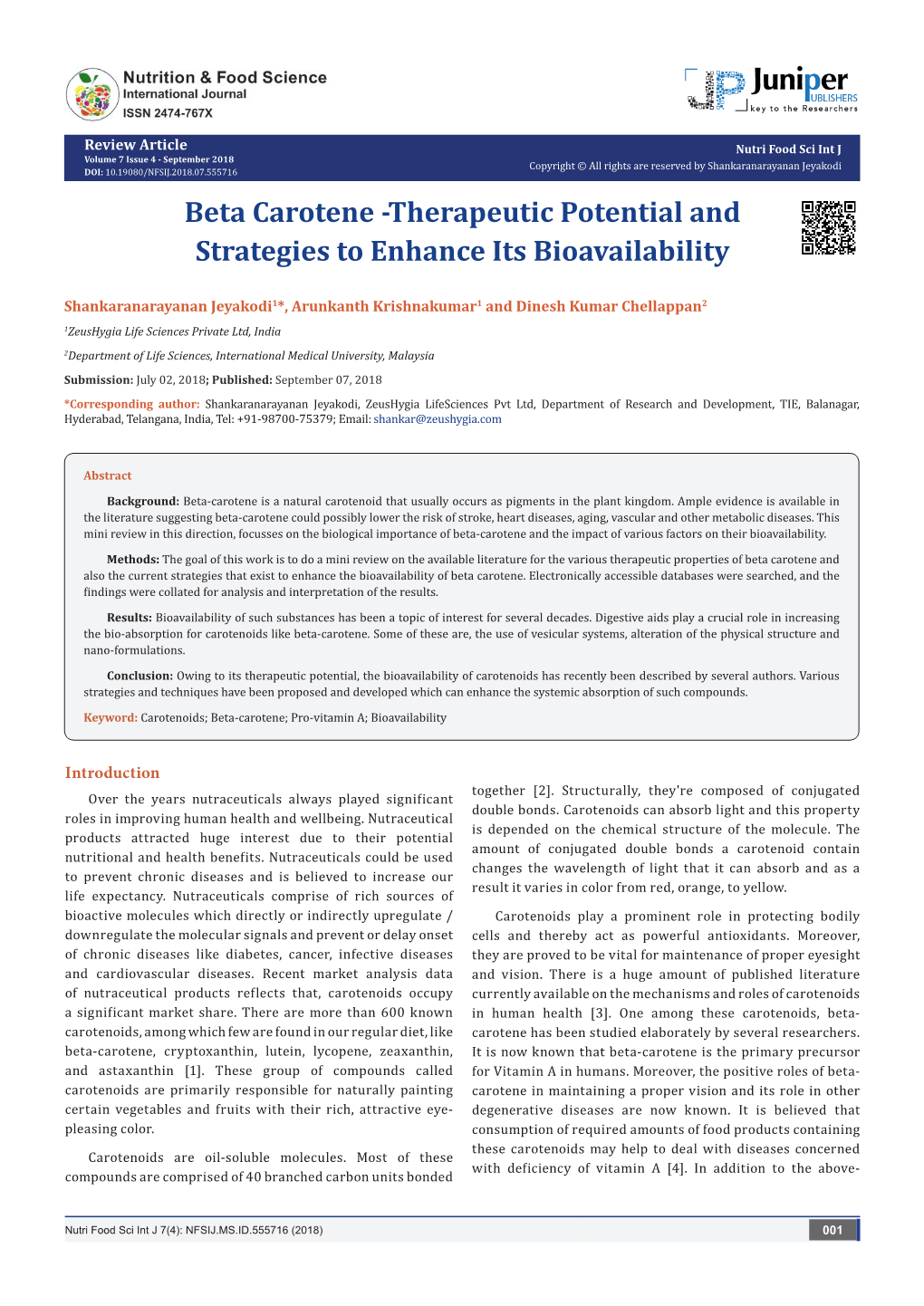 Beta Carotene -Therapeutic Potential and Strategies to Enhance Its Bioavailability