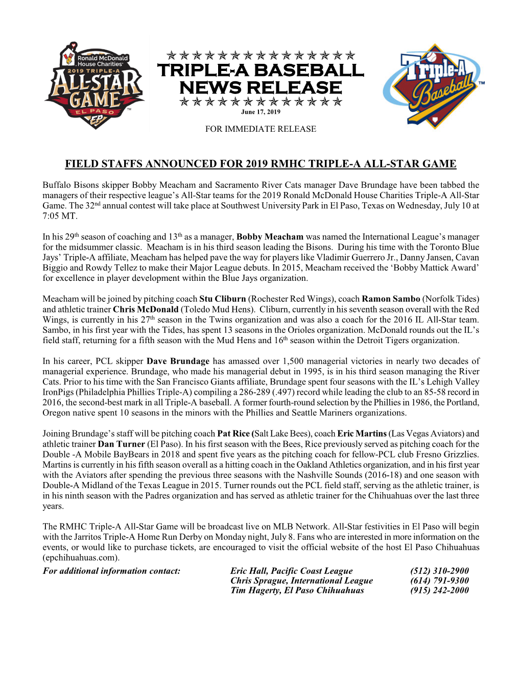 TRIPLE-A BASEBALL NEWS RELEASE  June 17, 2019