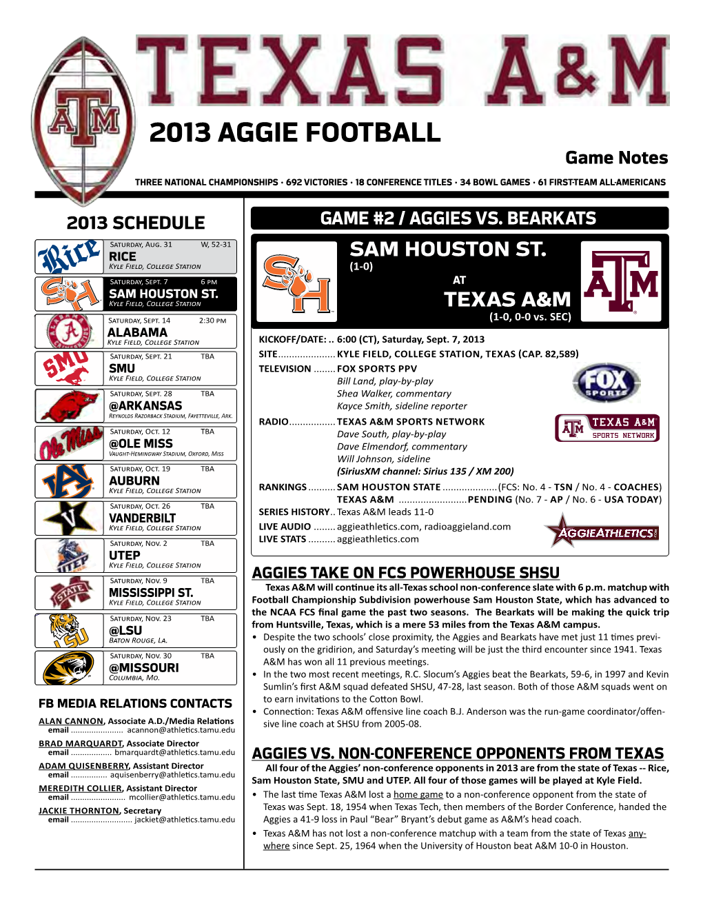 2013 AGGIE FOOTBALL Game Notes