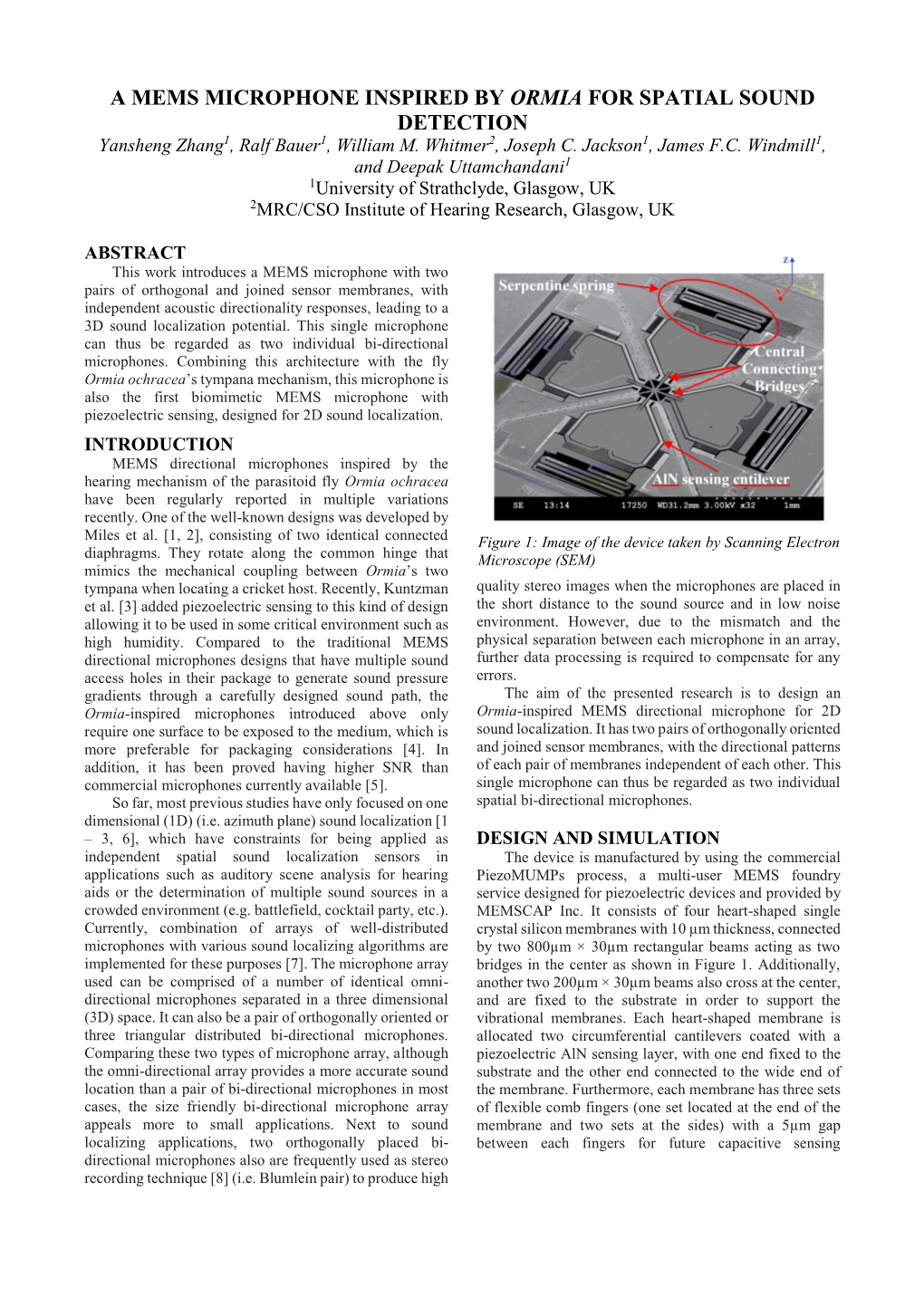 A MEMS MICROPHONE INSPIRED by ORMIA for SPATIAL SOUND DETECTION Yansheng Zhang1, Ralf Bauer1, William M