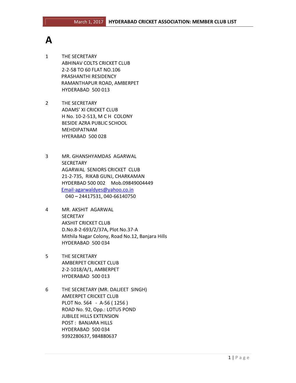 March 1, 2017 HYDERABAD CRICKET ASSOCIATION: MEMBER CLUB LIST