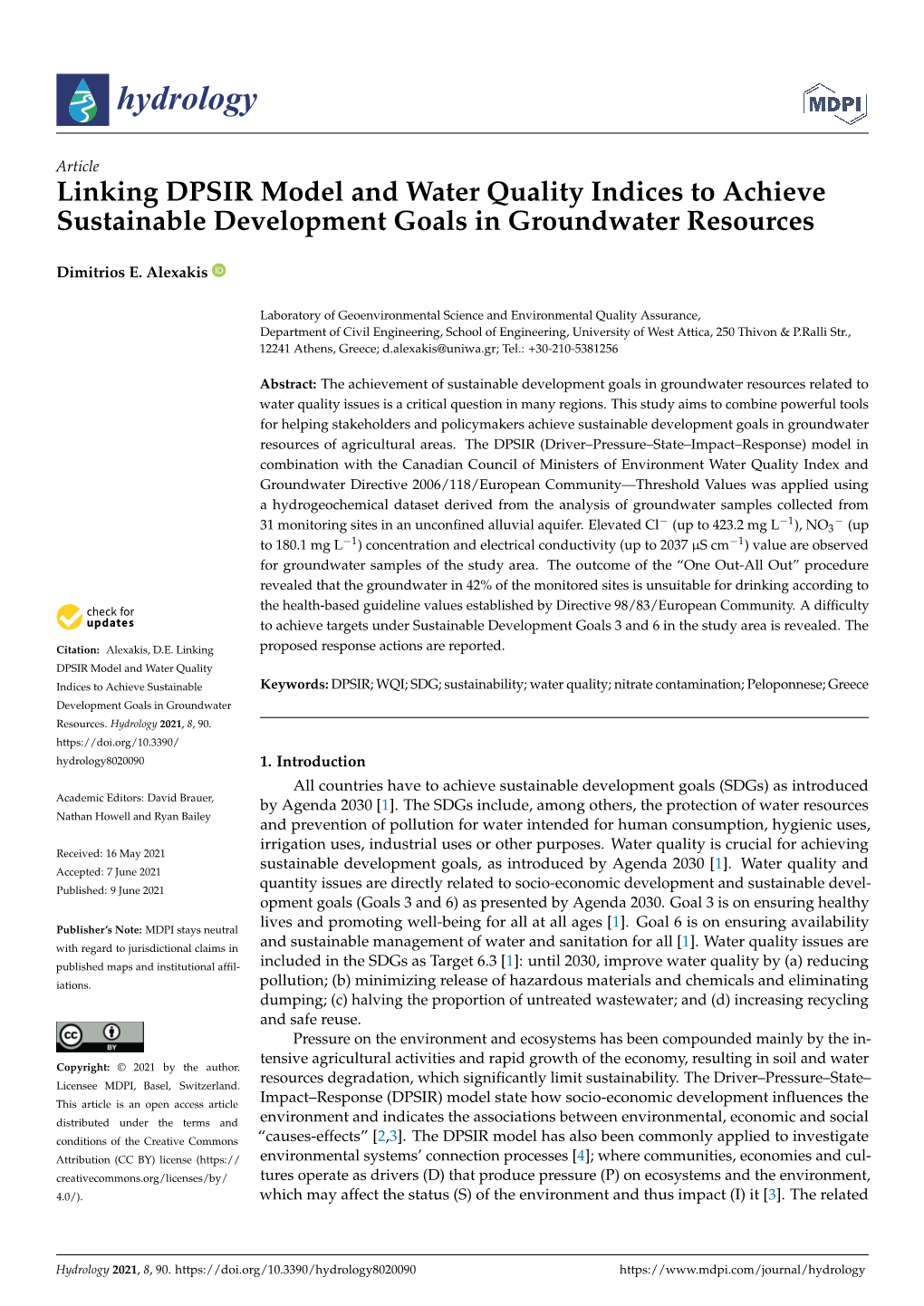 Linking DPSIR Model and Water Quality Indices to Achieve Sustainable Development Goals in Groundwater Resources