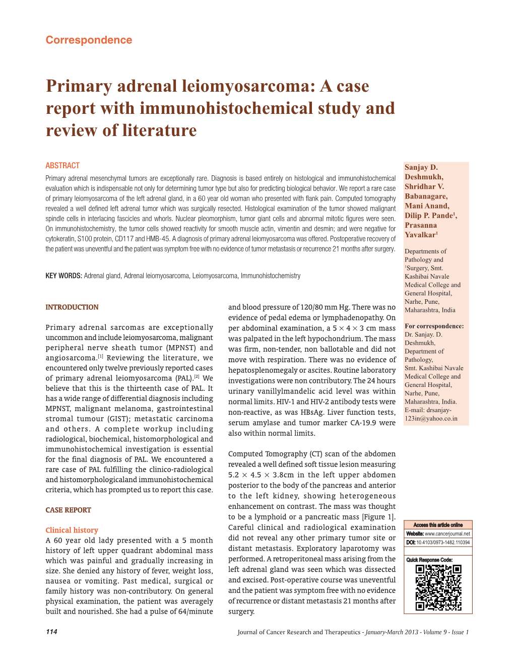 Primary Adrenal Leiomyosarcoma: a Case Report with Immunohistochemical Study and Review of Literature