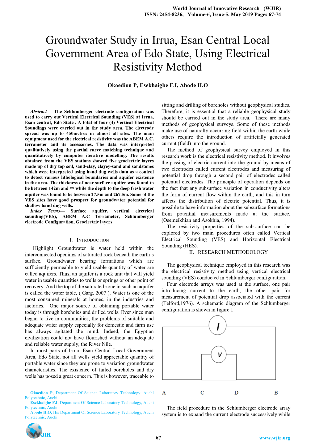 Groundwater Study in Irrua, Esan Central Local Government Area of Edo State, Using Electrical Resistivity Method