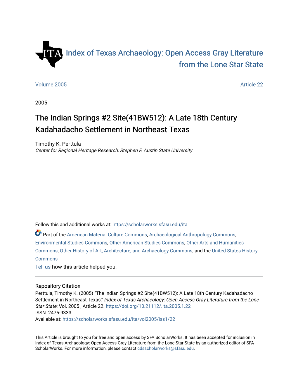 A Late 18Th Century Kadahadacho Settlement in Northeast Texas