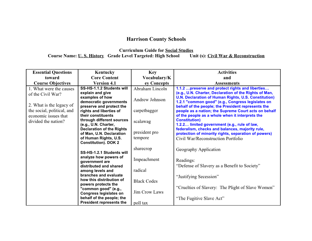 HCHS Curriculum Mapping s1