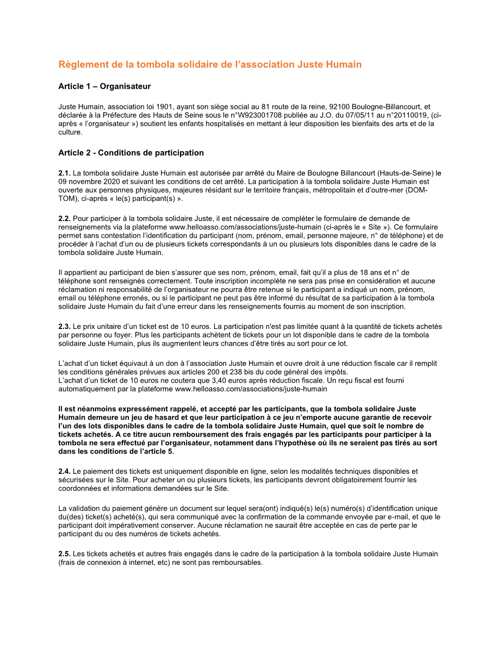 Règlement De La Tombola Solidaire De L'association Juste Humain