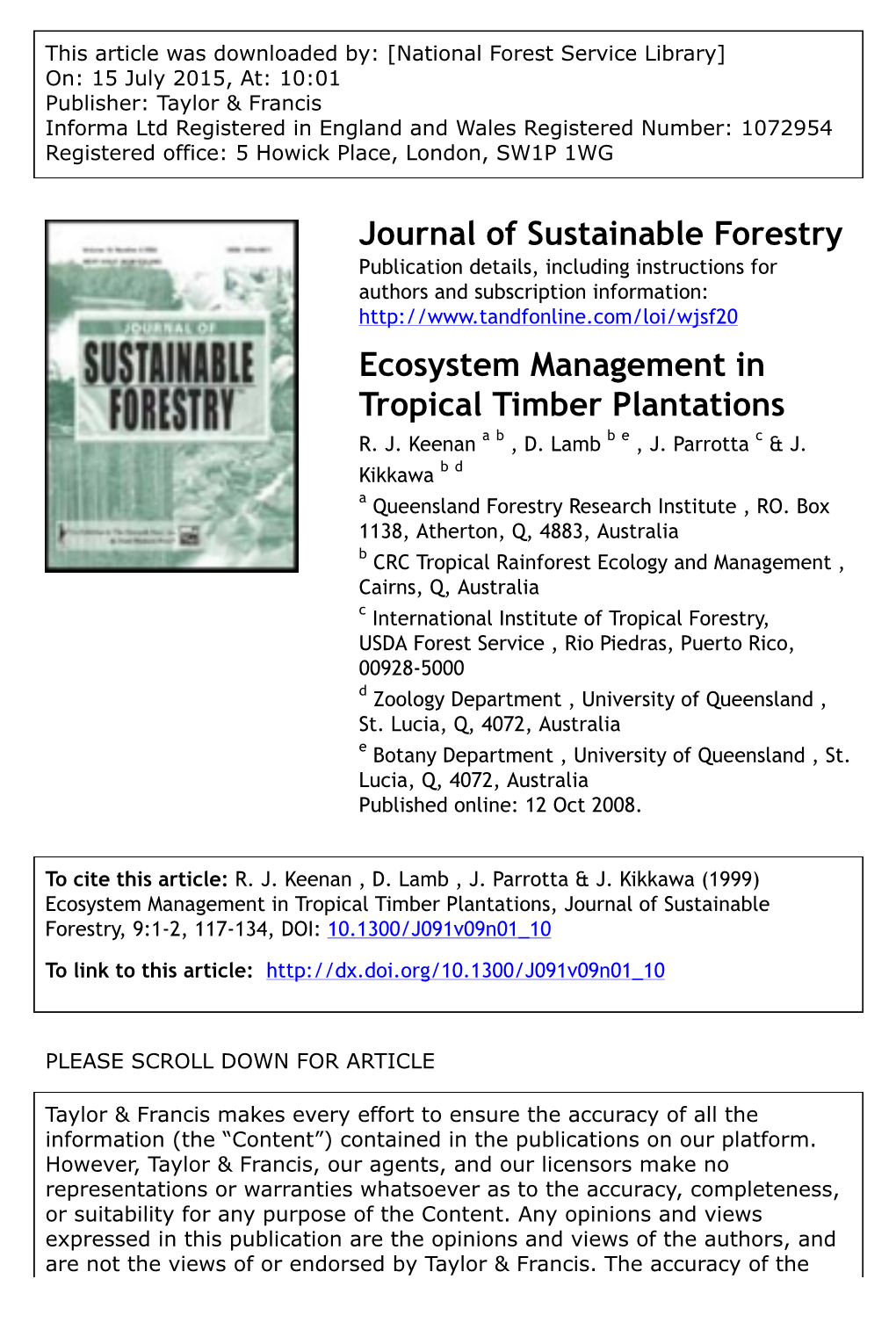 Journal of Sustainable Forestry Ecosystem Management in Tropical