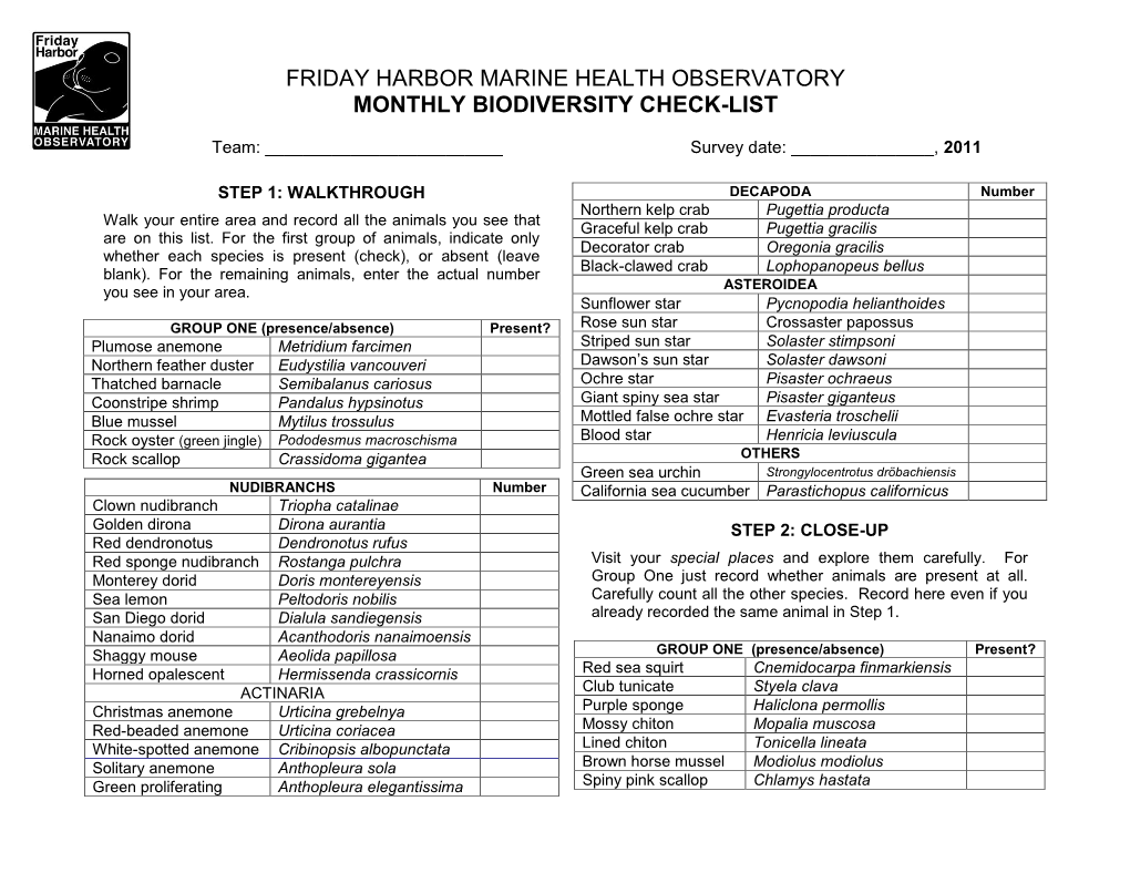 Friday Harbor Marine Health Observatory Monthly Biodiversity Check-List