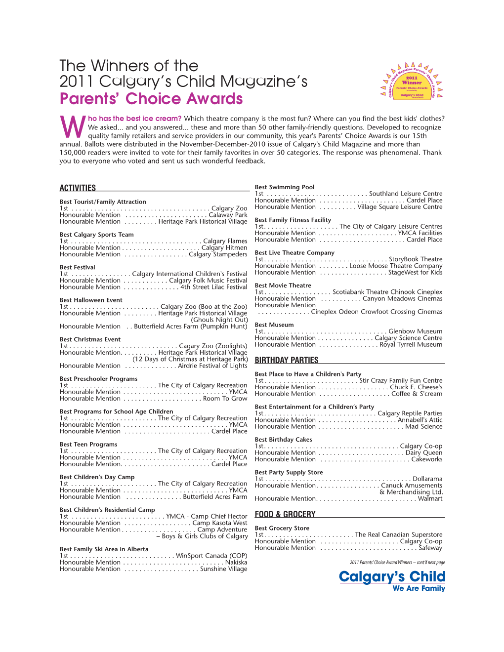 The Winners of the 2011 Calgary's Child Magazine's Parents' Choice