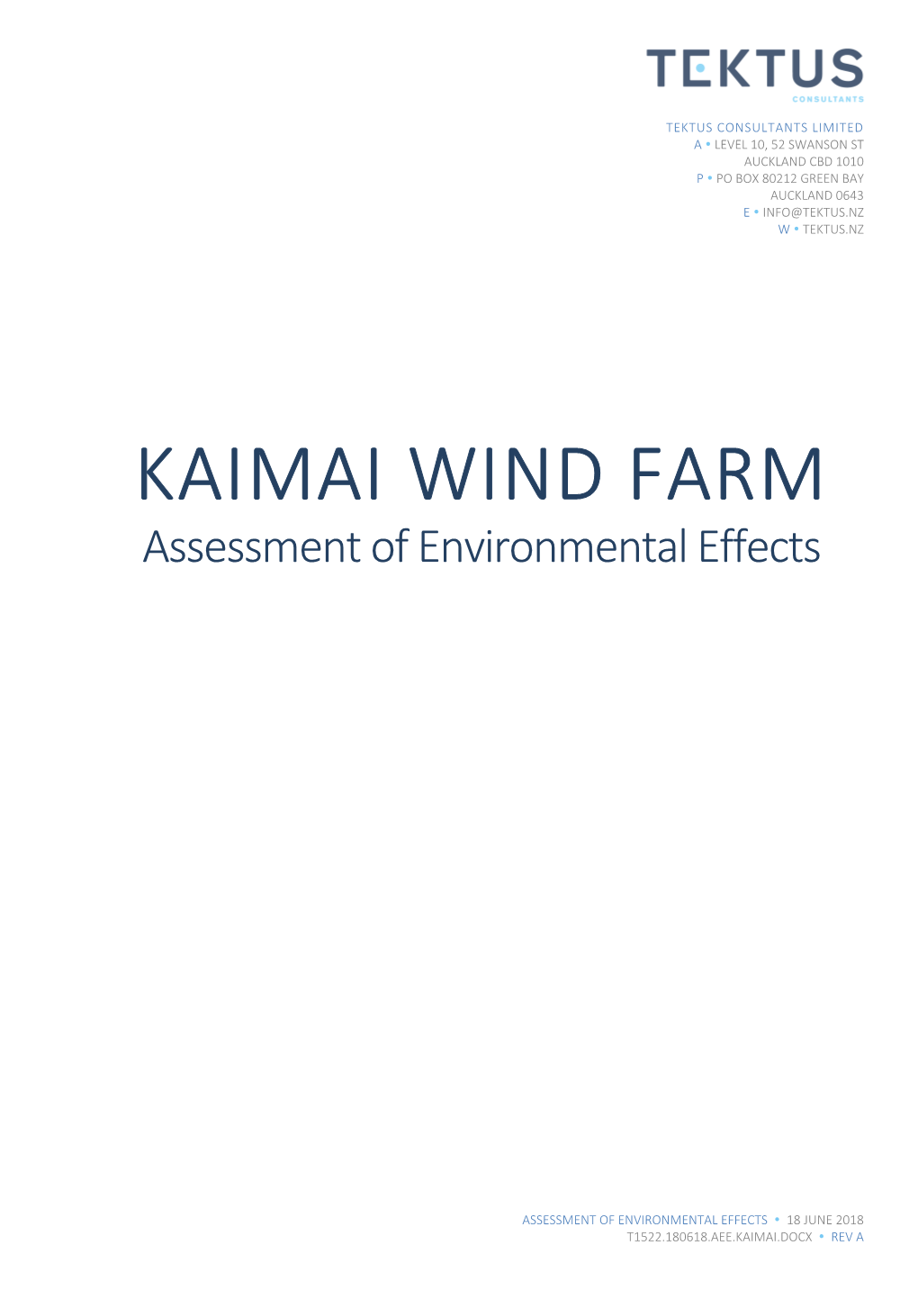 KAIMAI WIND FARM Assessment of Environmental Effects