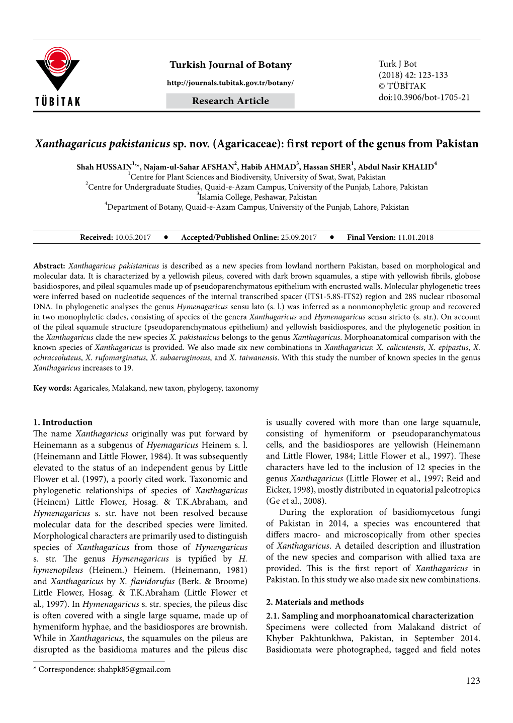 Xanthagaricus Pakistanicus Sp. Nov. (Agaricaceae): First Report of the Genus from Pakistan