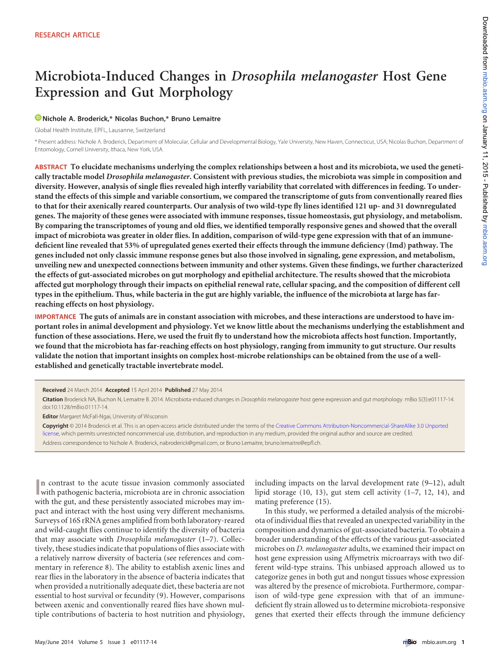 Microbiota-Induced Changes in Drosophila Melanogaster Host Gene Mbio.Asm.Org Expression and Gut Morphology on January 11, 2015 - Published by Nichole A