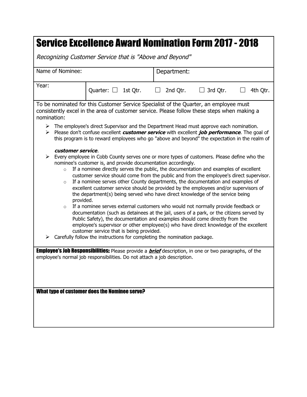 Service Excellence Award Nomination Form