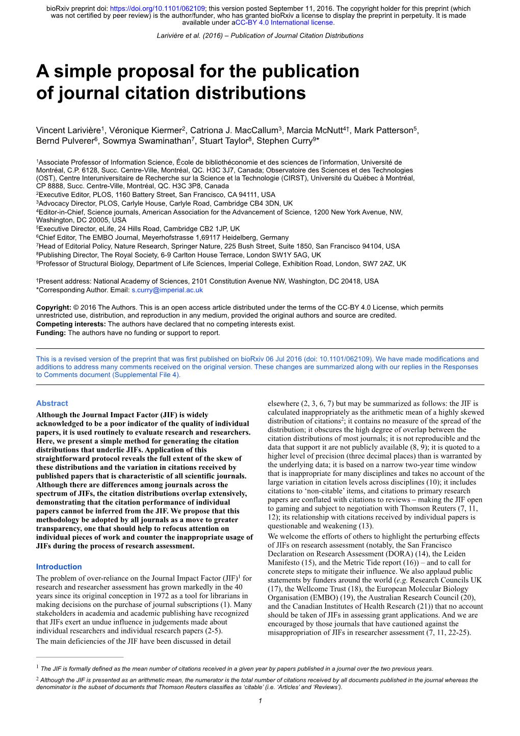 A Simple Proposal for the Publication of Journal Citation Distributions