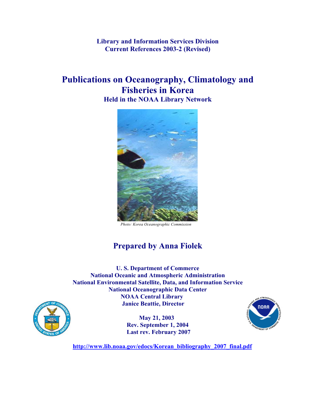 Publications on Oceanography, Climatology and Fisheries in Korea Held in the NOAA Library Network