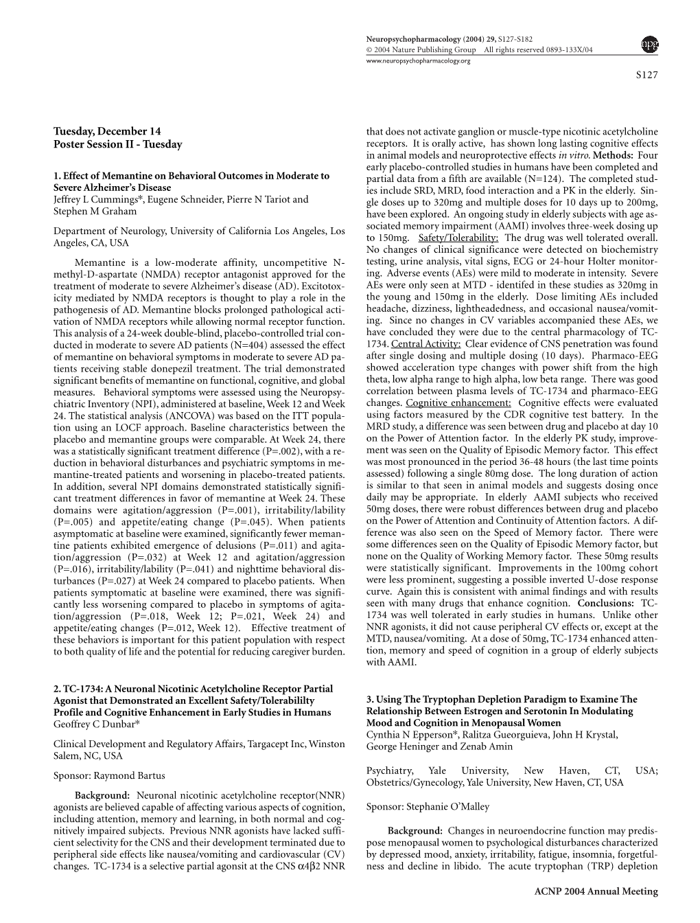 Tuesday, December 14 Poster Session II