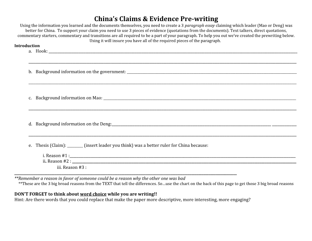 China S Claims & Evidence Pre-Writing