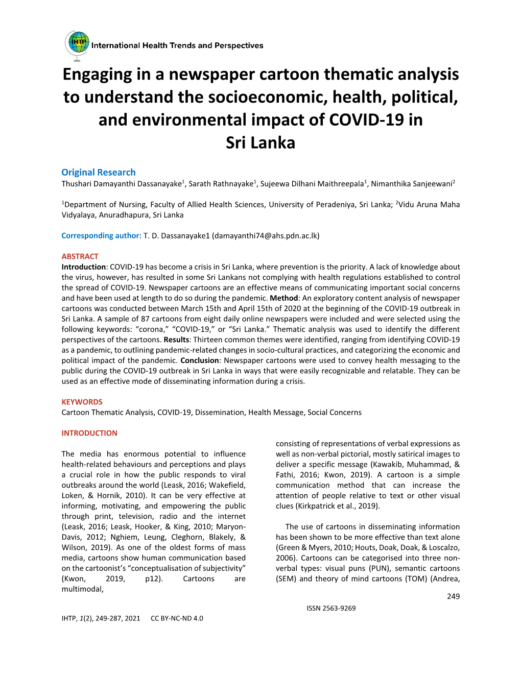 Engaging in a Newspaper Cartoon Thematic Analysis to Understand the Socioeconomic, Health, Political, and Environmental Impact of COVID-19 in Sri Lanka