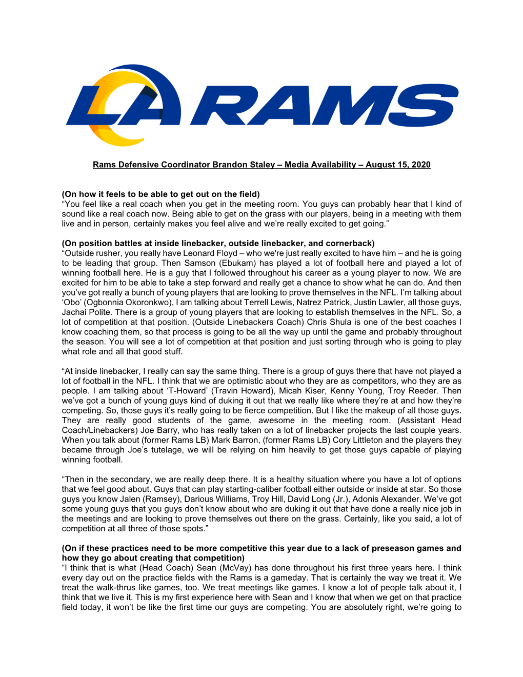 Rams Defensive Coordinator Brandon Staley – Media Availability – August 15, 2020