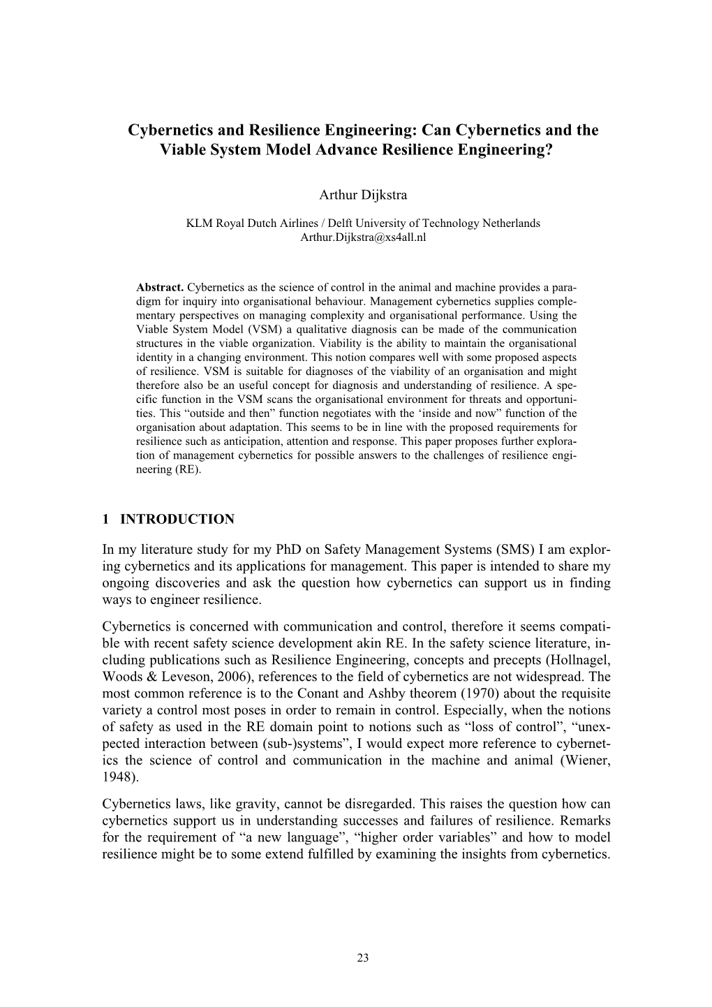 Cybernetics and Resilience Engineering: Can Cybernetics and the Viable System Model Advance Resilience Engineering?