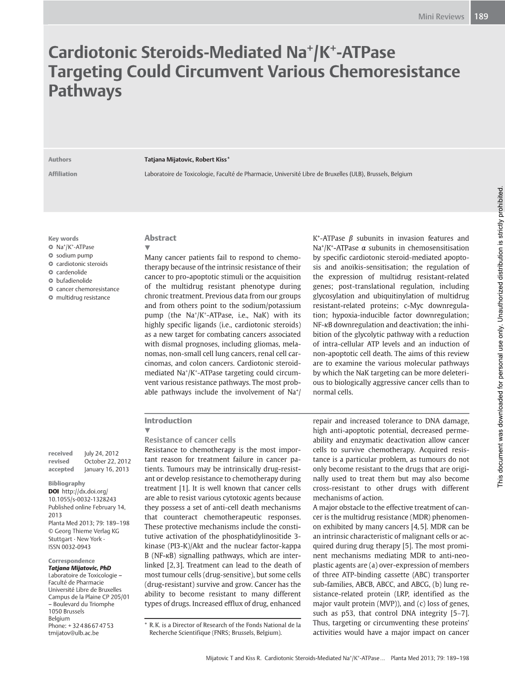 Cardiotonic Steroids-Mediated Na+/K+-Atpase Targeting Could Circumvent Various Chemoresistance Pathways