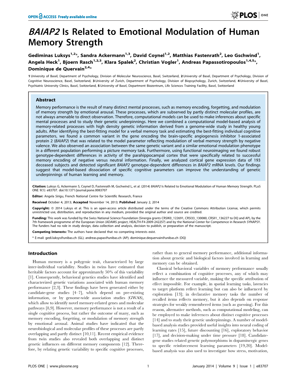 BAIAP2 Is Related to Emotional Modulation of Human Memory Strength