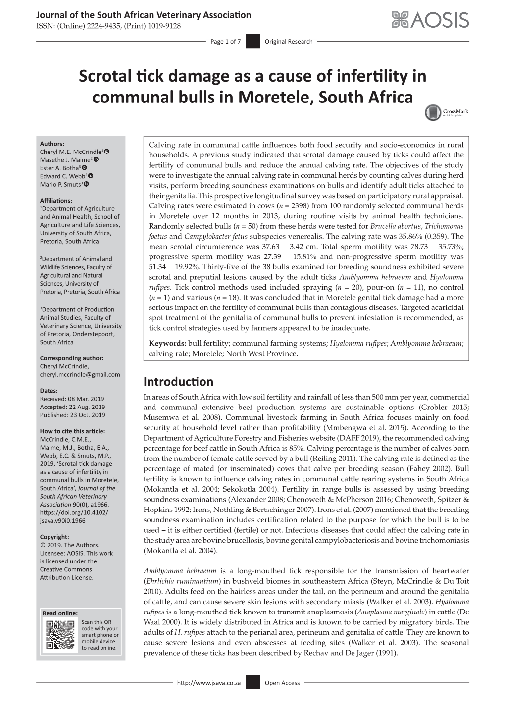 Scrotal Tick Damage As a Cause of Infertility in Communal Bulls in Moretele, South Africa