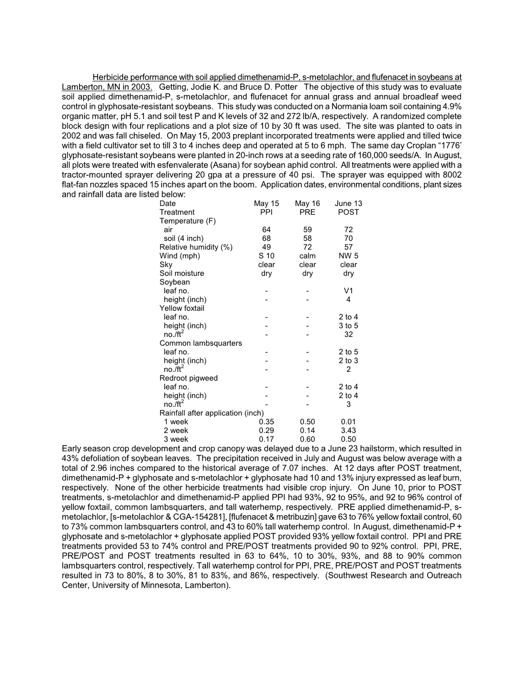 Herbicide Performance with Soil Applied Dimethenamid-P, S-Metolachlor, and Flufenacet in Soybeans at Lamberton, MN in 2003