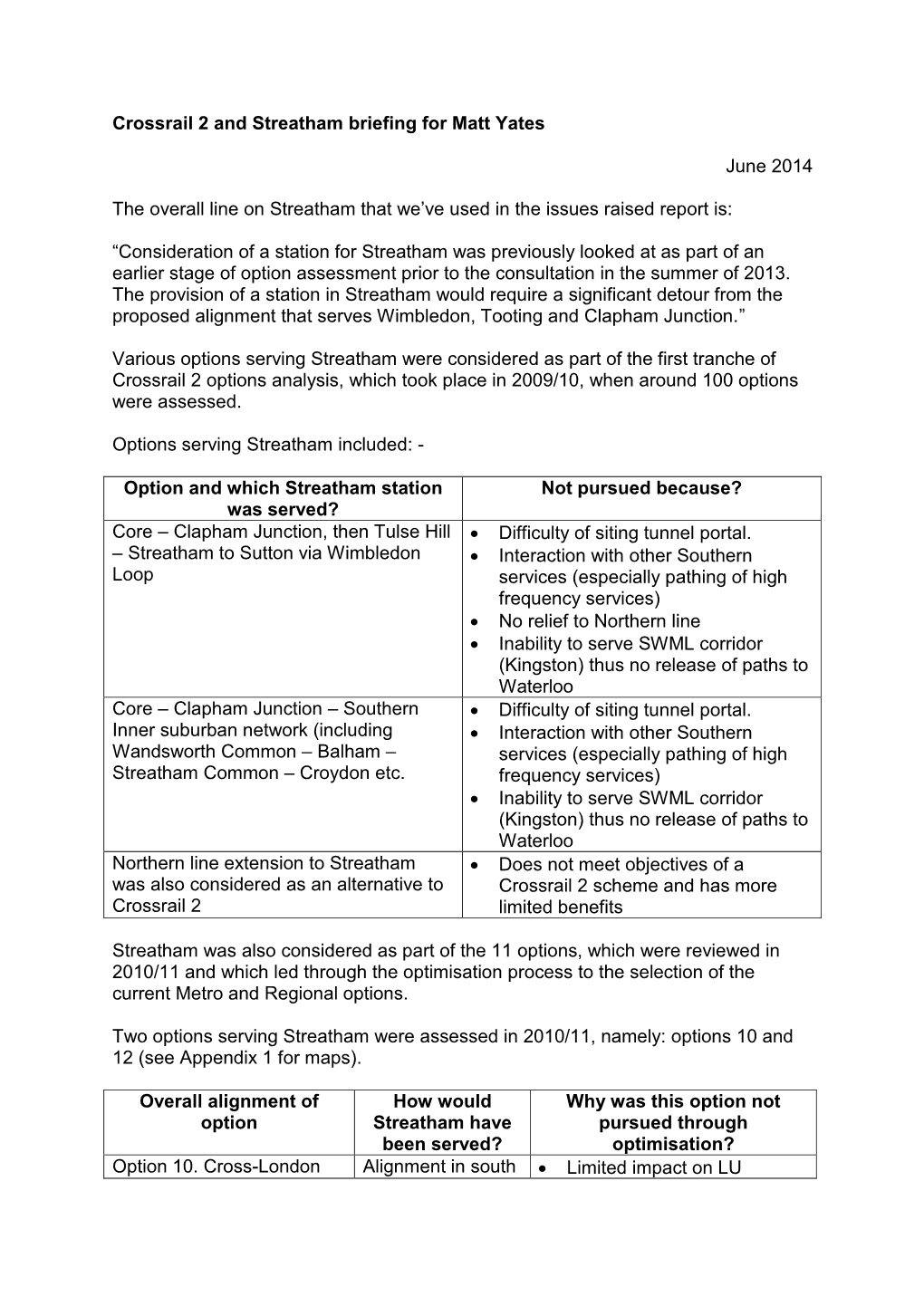 Crossrail 2 and Streatham Briefing for Matt Yates
