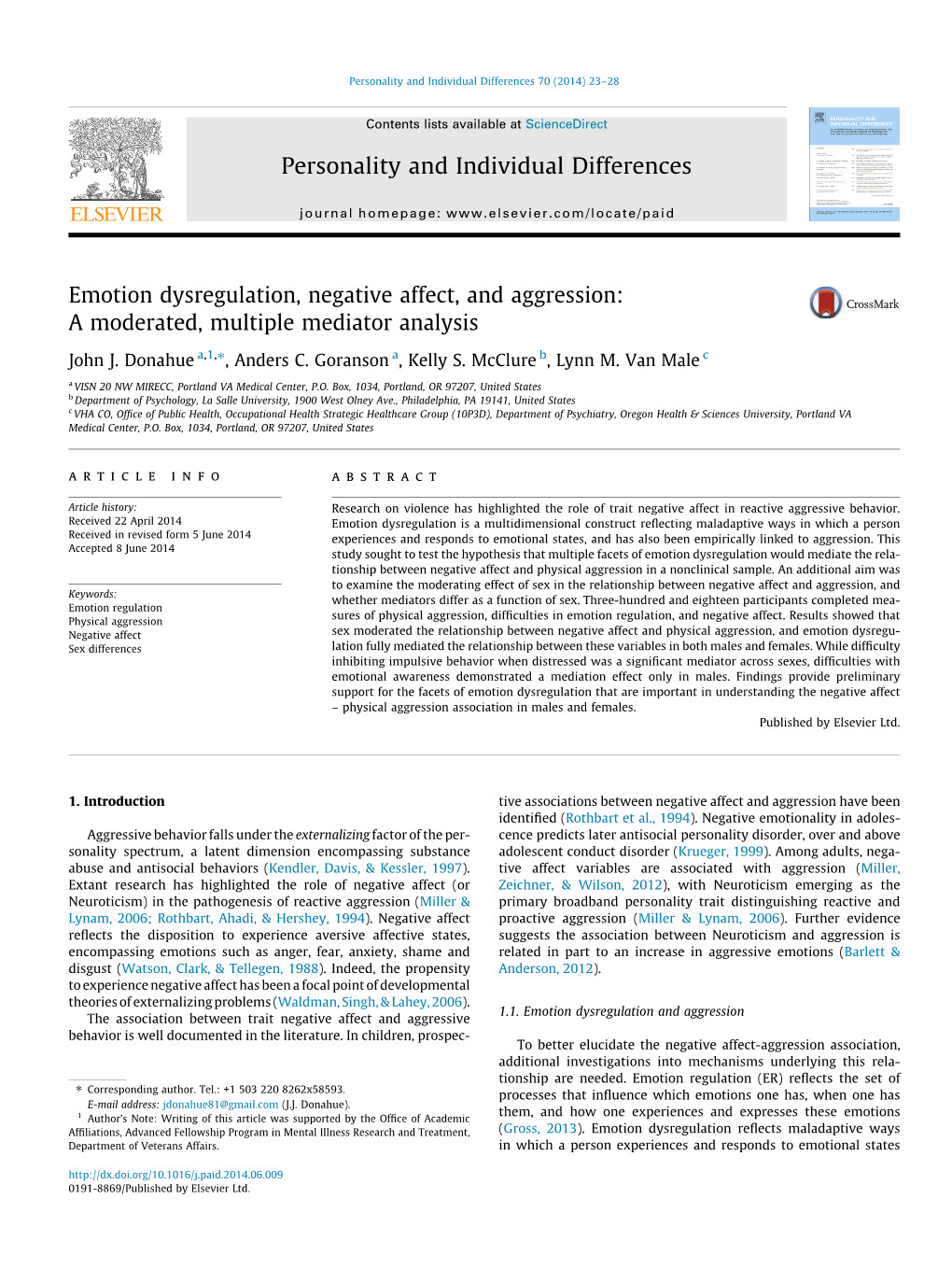 Donahue Et Al., 2014 ER and Aggression