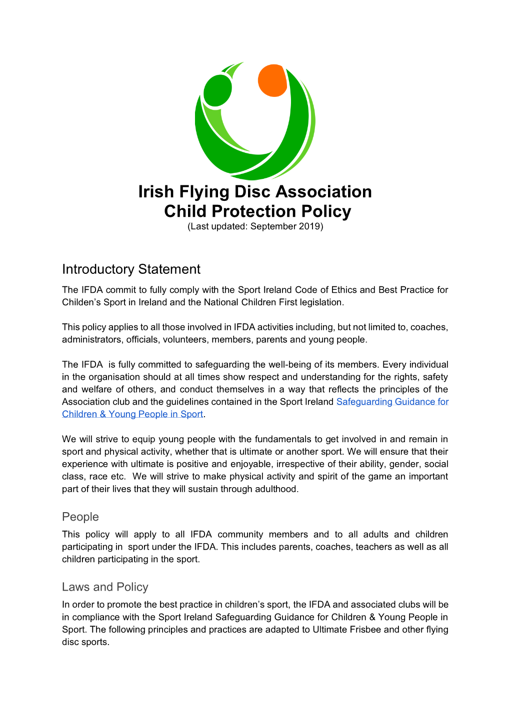 Irish Flying Disc Association Child Protection Policy (Last Updated: September 2019)